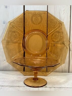 Pair Vintage Cambridge Depression Amber Glass Plate/Platter & Pedestal Compote